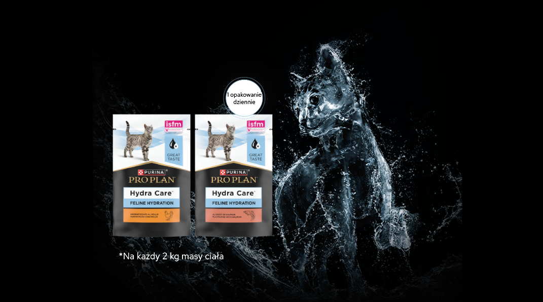 Opakowanie mokrej karmy ProPlan Hydra Care z tłem przedstawiającym kota w kształcie wody, promujące zwiększone dzienne spożycie wody.
