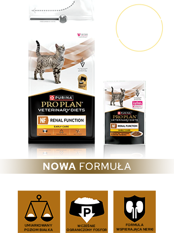 Opakowanie karmy Purina ProPlan Veterinary Diets NF Renal Function Early Care, zawierającej suchą i mokrą karmę dla psów w stadium 1 i 2 IRIS.